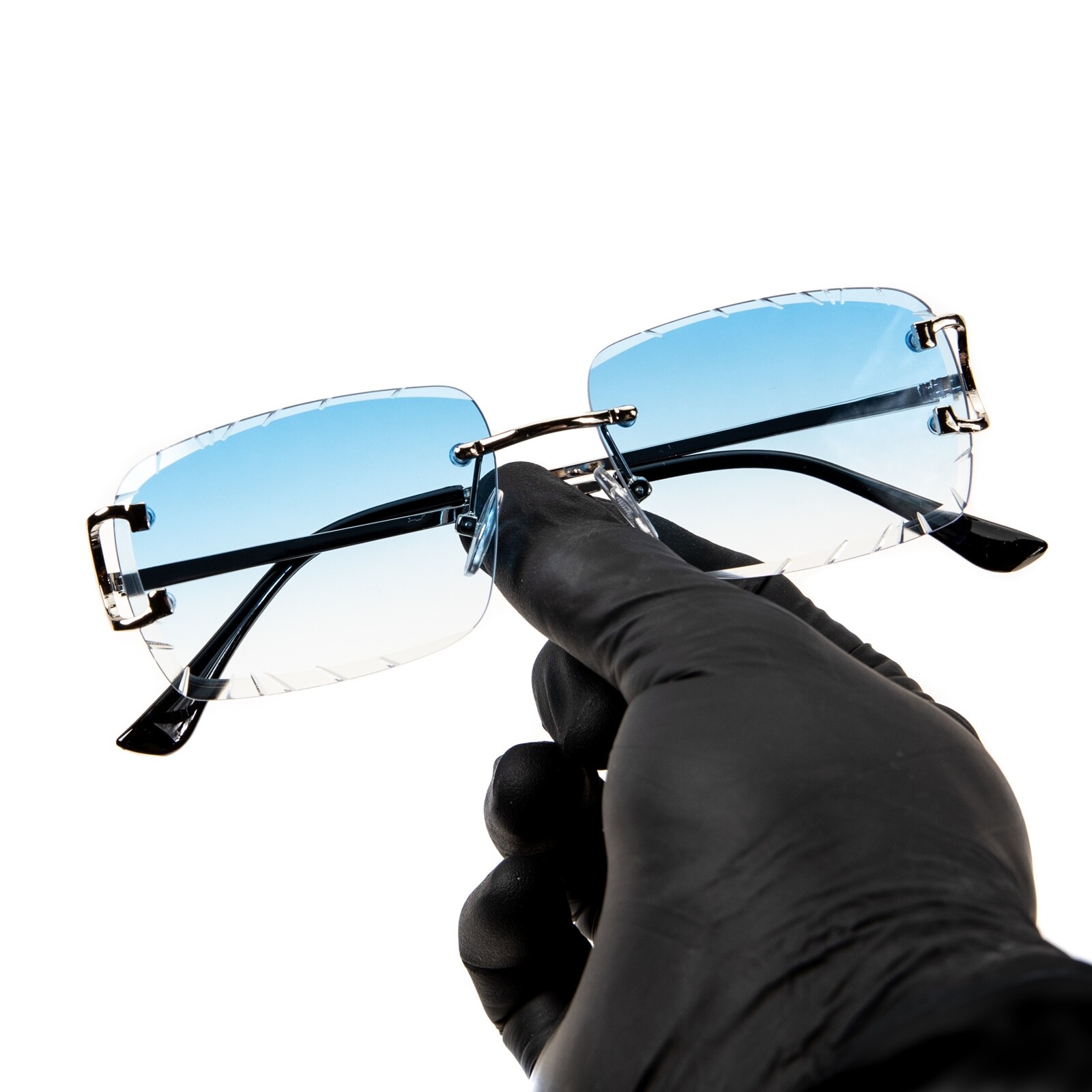Gem Cut Sky Blue Tint Silver Frame Hip Hop Rimless Luxury Square Sunglasses