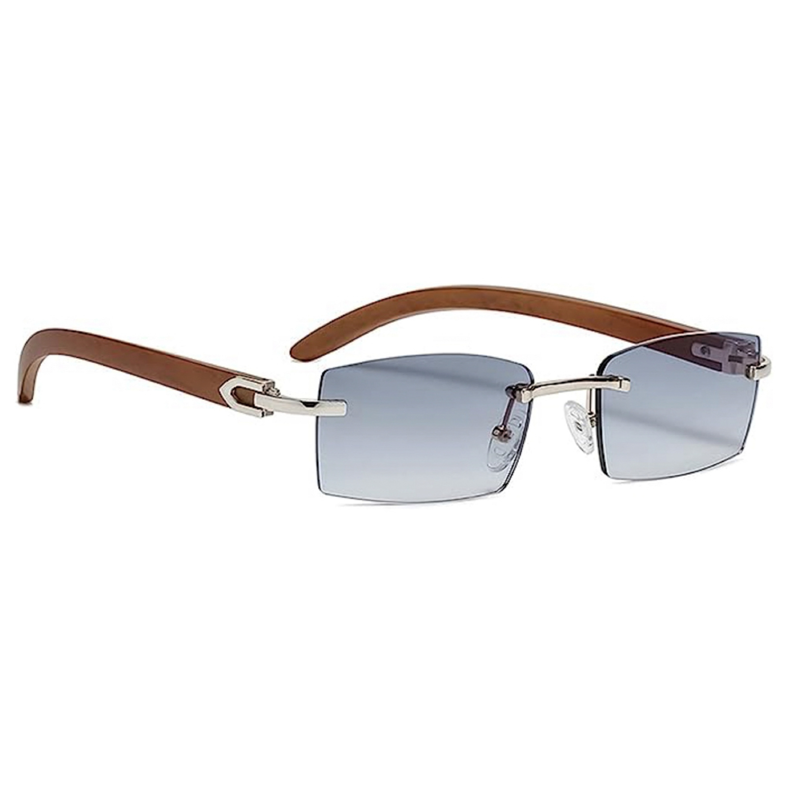 Men’s Trendy Rimless Silver Frame Woodgrain Women’s Blue Gray Tinted Sunglasses