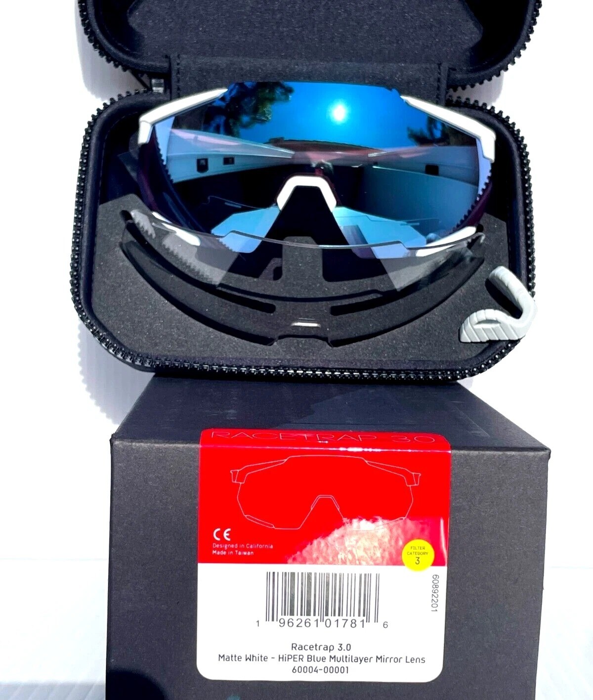 100% Percent RACETRAP 3.0 Matte White HiPER Blue Mirror Sunglass 60004-00001
