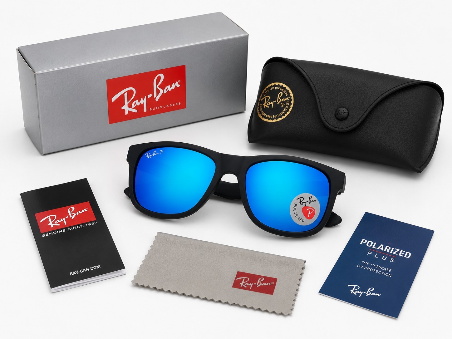 Ray-Ban Polarized Sunglasses Blue Mirror Lenses Black Frame UV Protection Unisex