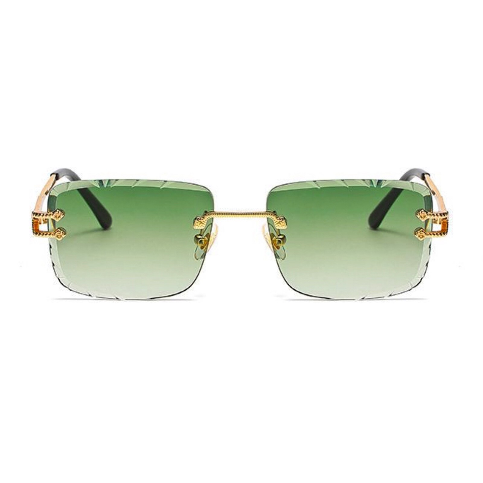 Men’s Rimless Gold Frame Green Gradient Tint Gem Cut Lens Hip Hop Sunglasses​