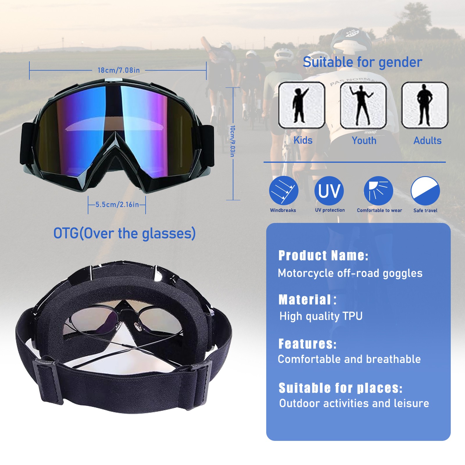 Motorcycle OTG Goggles Fit Over Glasses Padded Windproof Riding Adjustable Strap