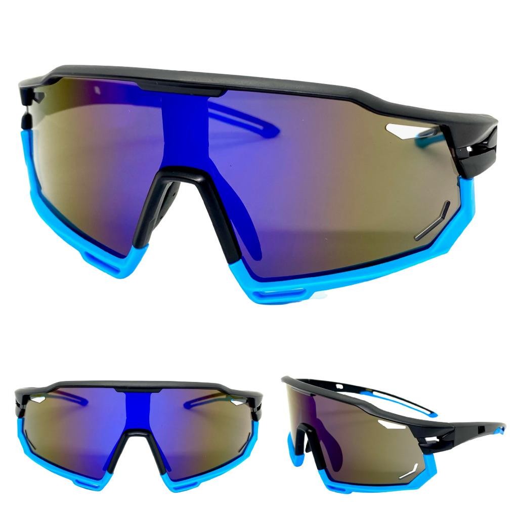 Oversize Retro Sports Wrap Around Cycling Running SUN GLASSES Black & Blue Frame