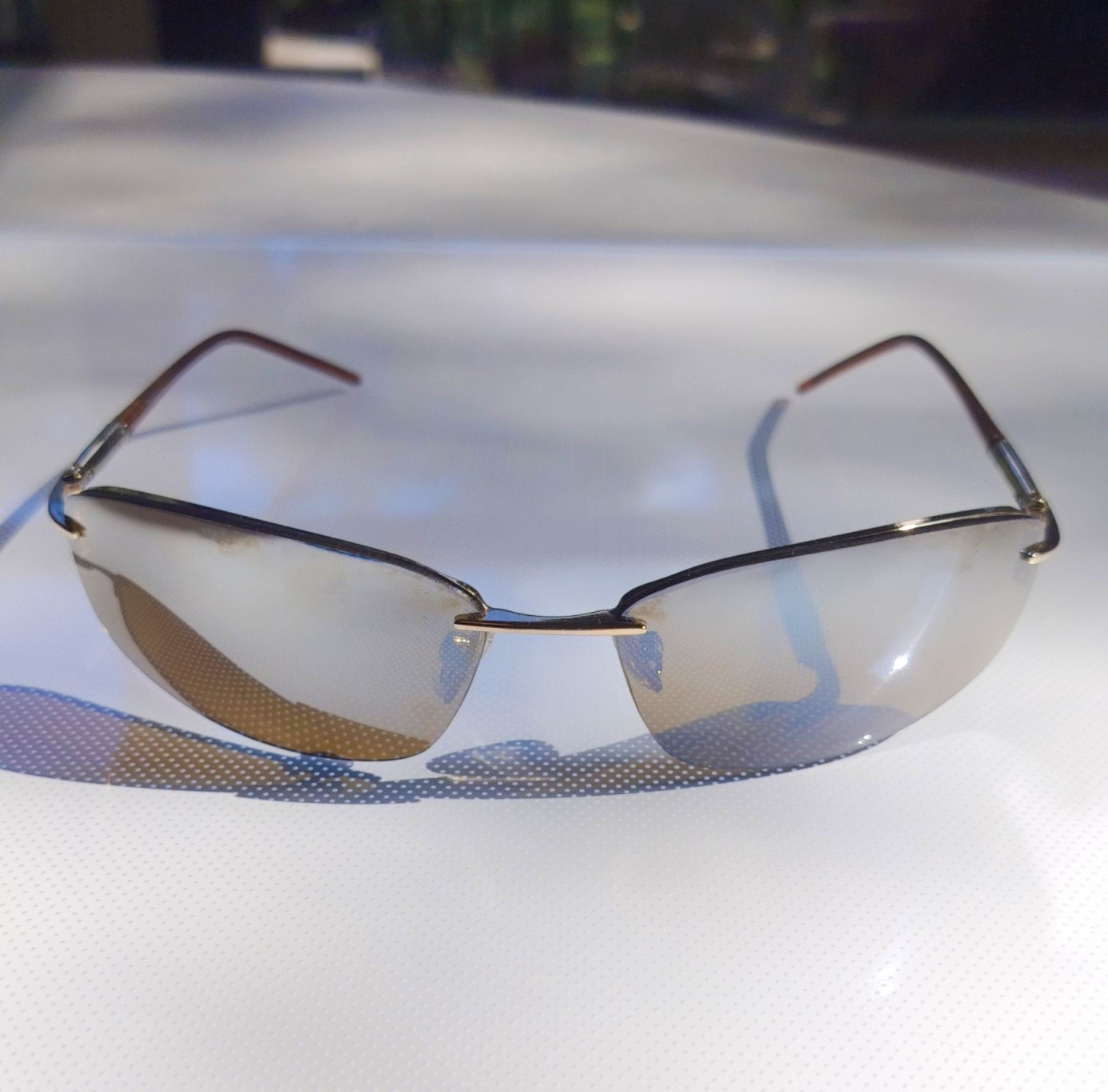 Men’s Rimless Rectangle Sunglasses Mirrored Brown Plastic Lens Silver Metal