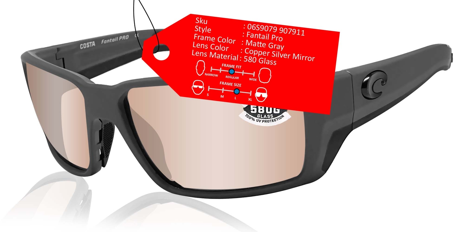 Costa Del Mar Fantail Pro sunglasses Gray Copper Silver Mirror 580 Glass Lens