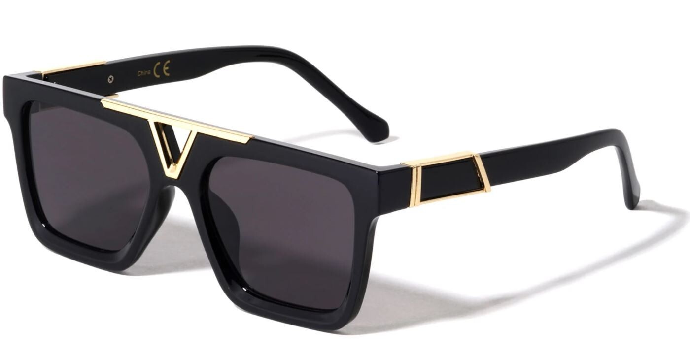 Sunglasses Men Designer Fashion Gold Metal Bar Dark Black Lens Retro Classic NEW