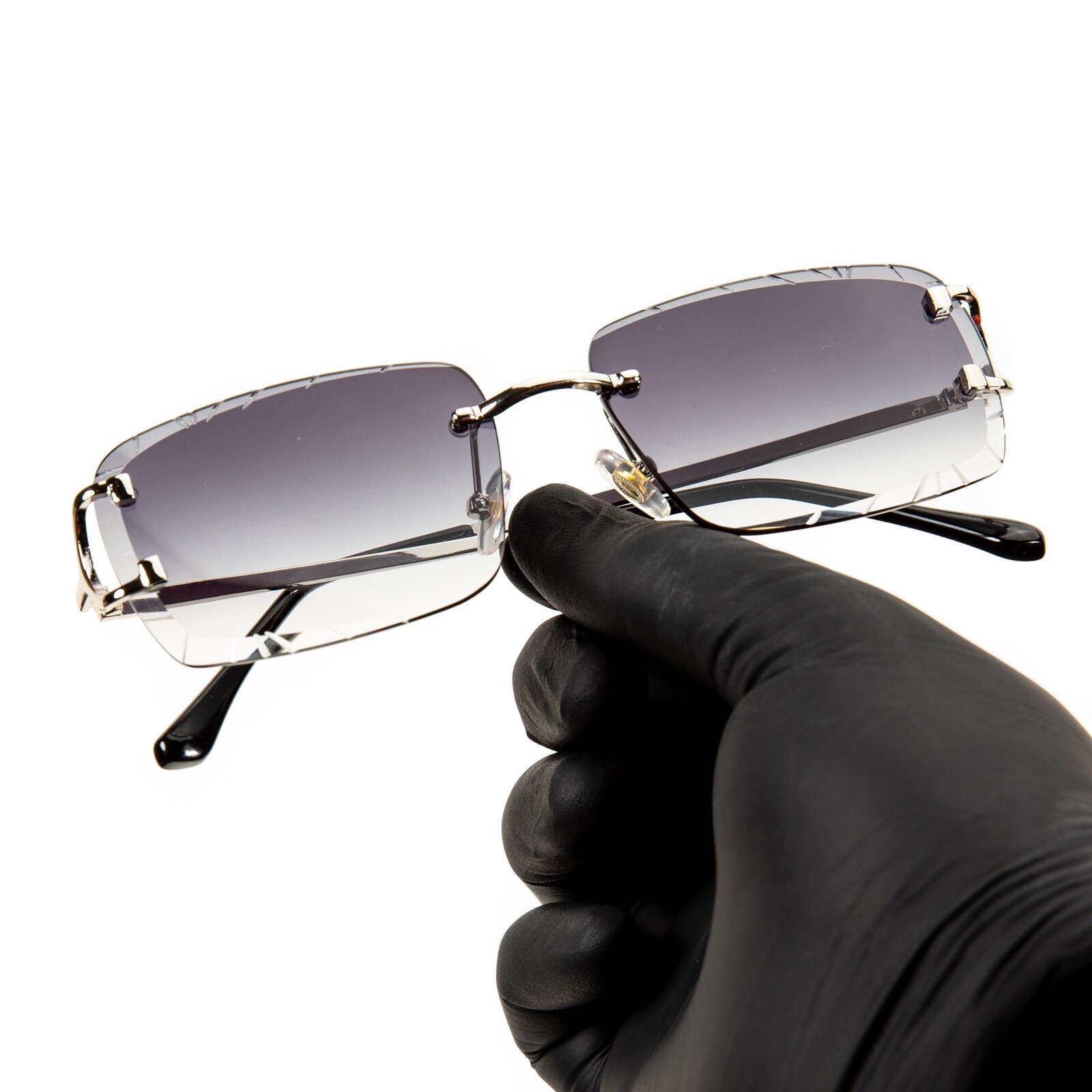 Men’s Gem Cut Purple Tint Silver Frame Hip Hop Rimless Luxury Square Sunglasses