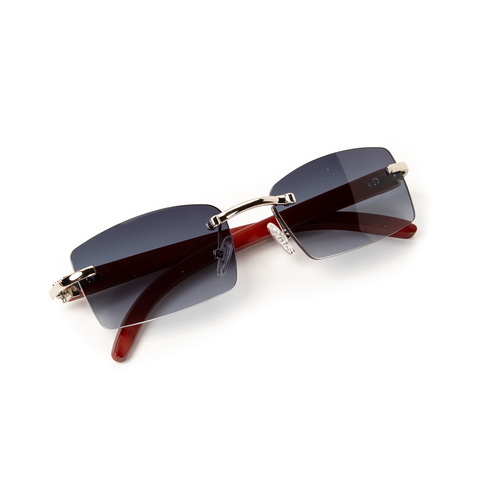 Men’s Luxury Woodgrain Rimless Silver Frame Blue Gray Tinted Sunglasses