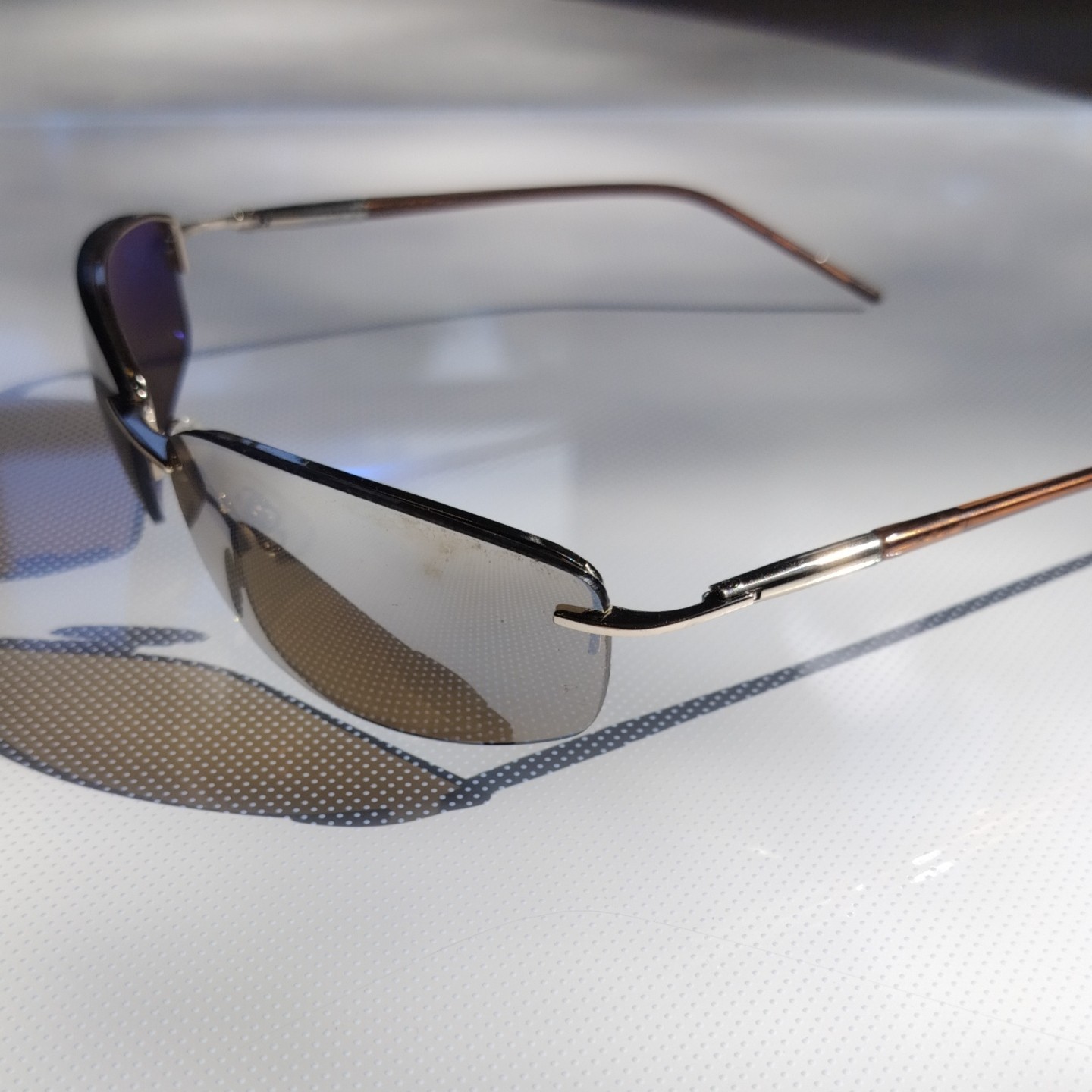 Men’s Rimless Rectangle Sunglasses Mirrored Brown Plastic Lens Silver Metal