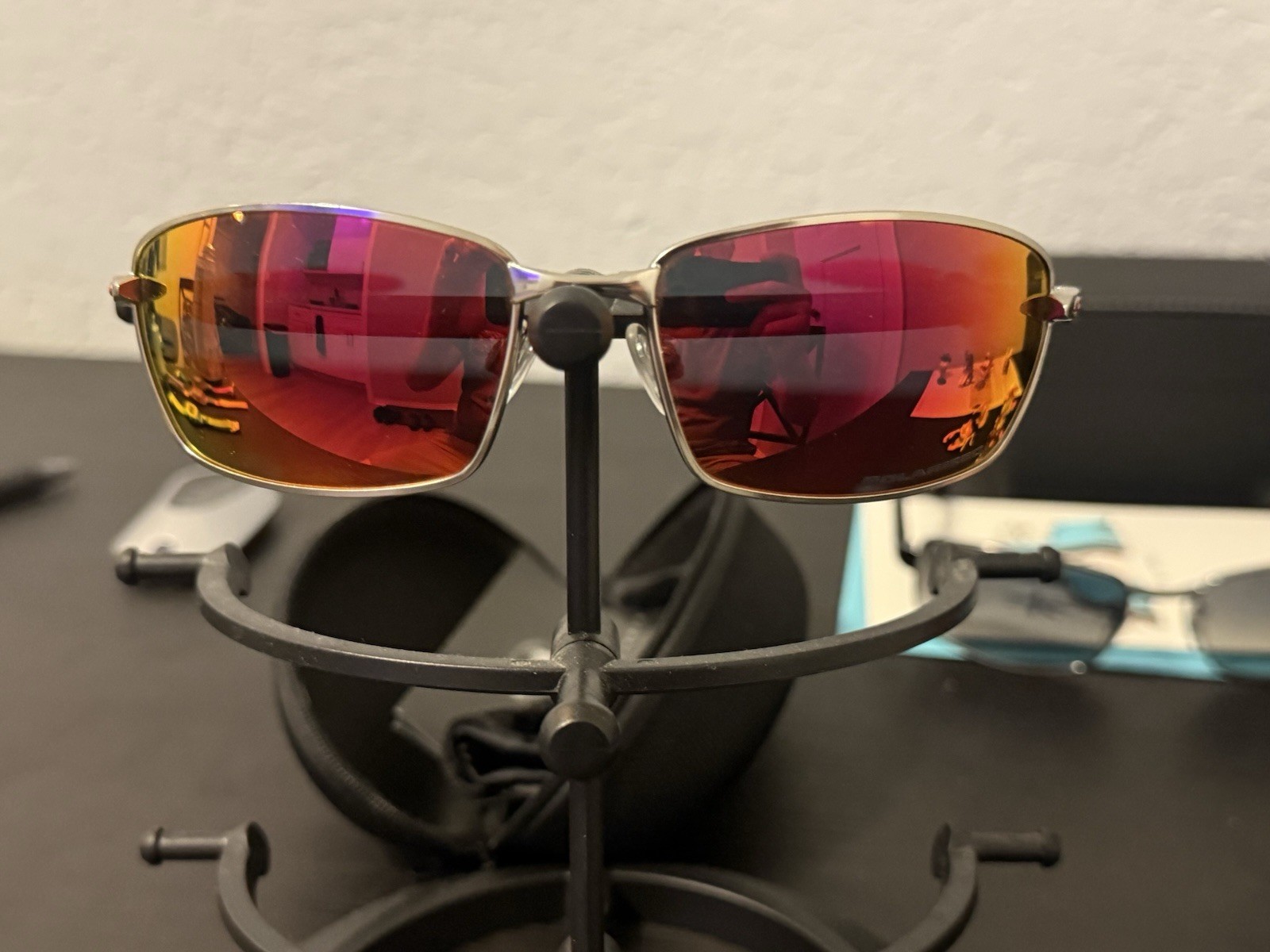 Oakley Whisker Sunglasses Silver Frame Ruby Lens Red Temple