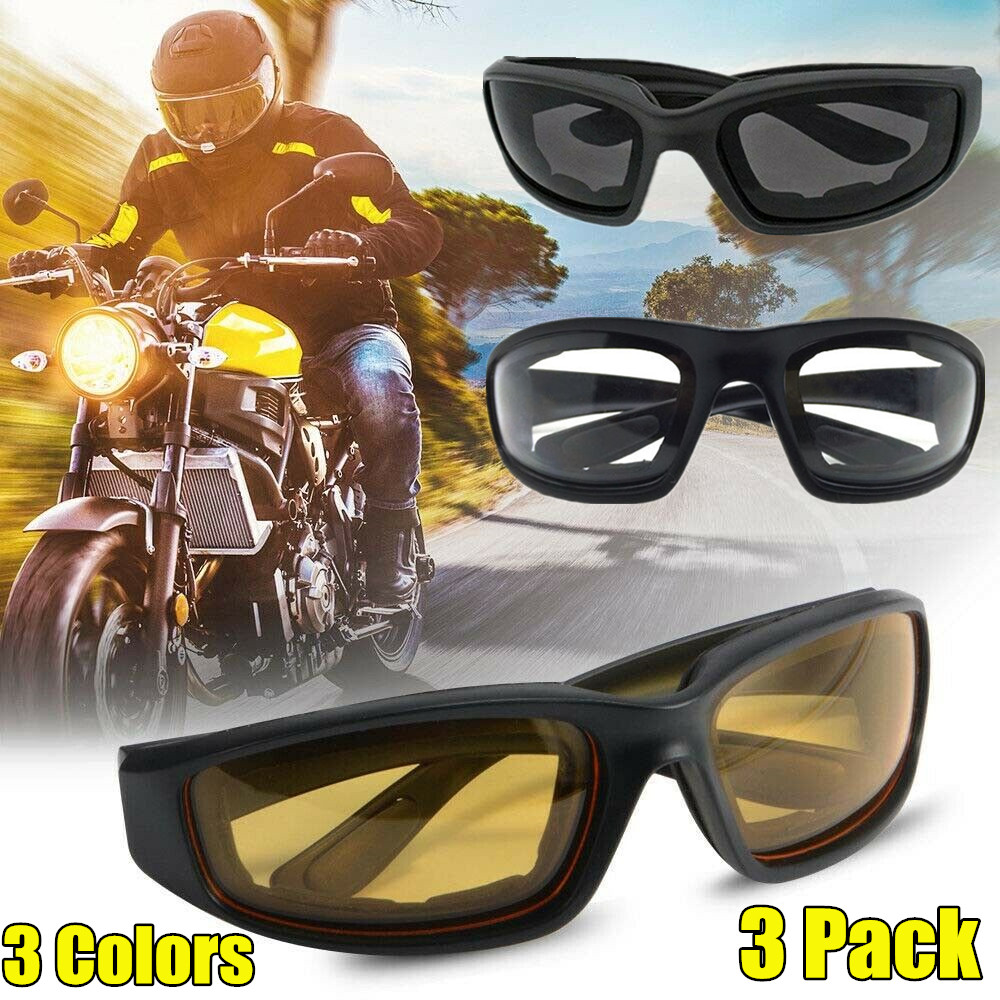 3 Pair Chopper Riding Motorcycle Glasses Clear Smoke Yellow, Padded, Comfortable