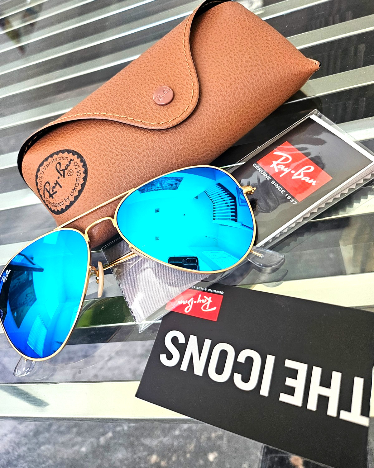 Ray-Ban Aviator RB3025 58MM AQUA Blue CRYSTAL Mirrored sunglasses GOLD FRAME