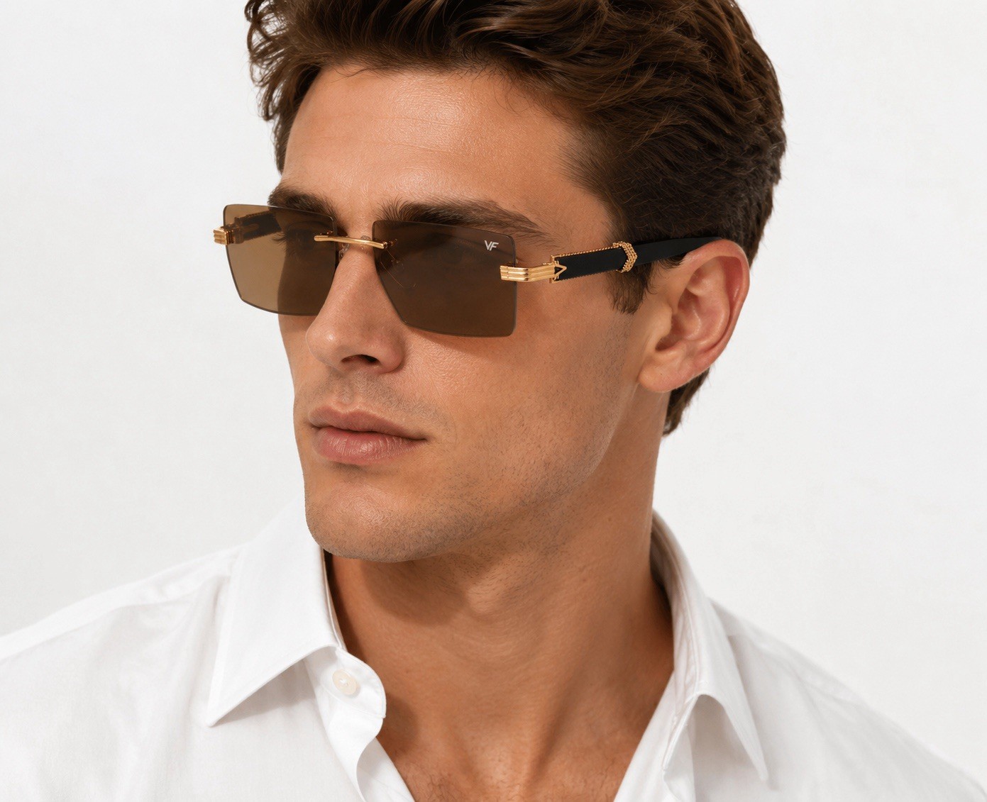 RIMLESS BLACK BUFFALO HORN SUNGLASSES with 24KT GOLD accents by Vintage Frames