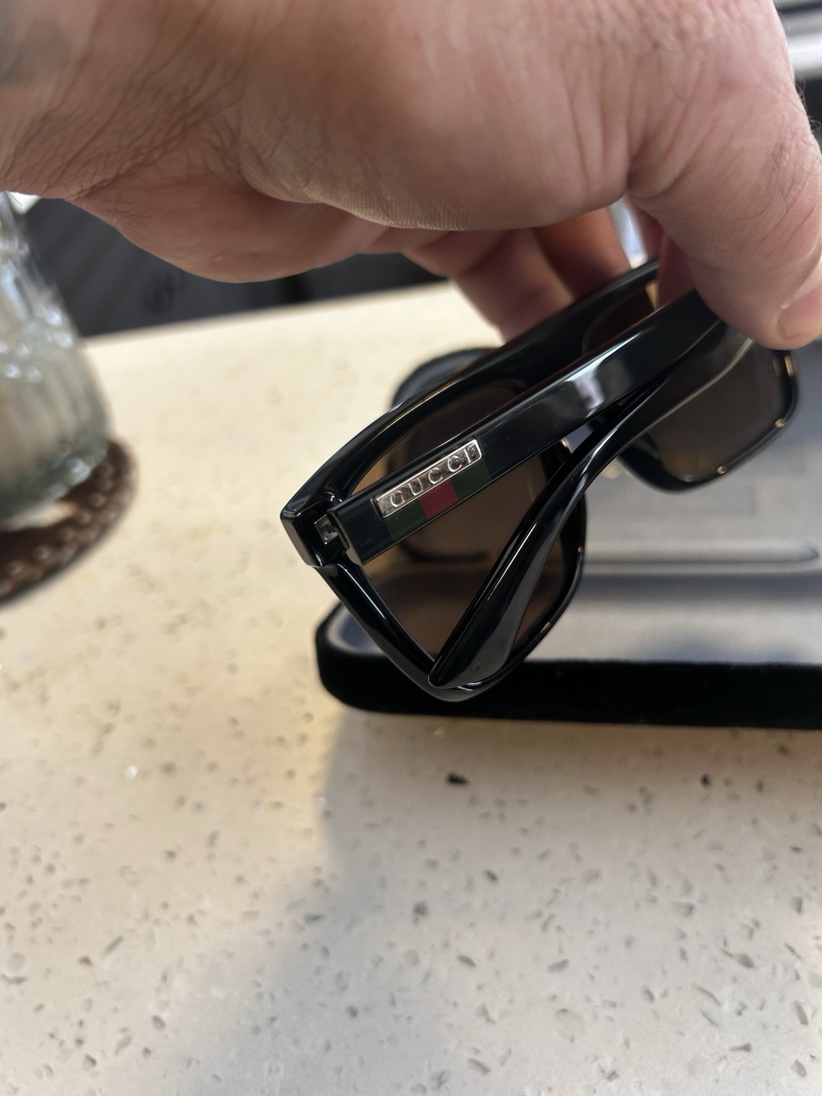 Gucci GG0748S 002 Black Rectangle Sunglasses Brown Tinted Lenses 145mm