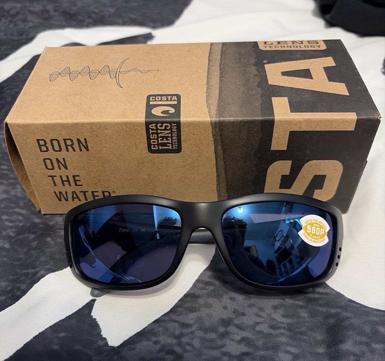 Costa Zone Men’s Wrap Sunglasses Black Plastic Frame Blue Polarized Lens Case