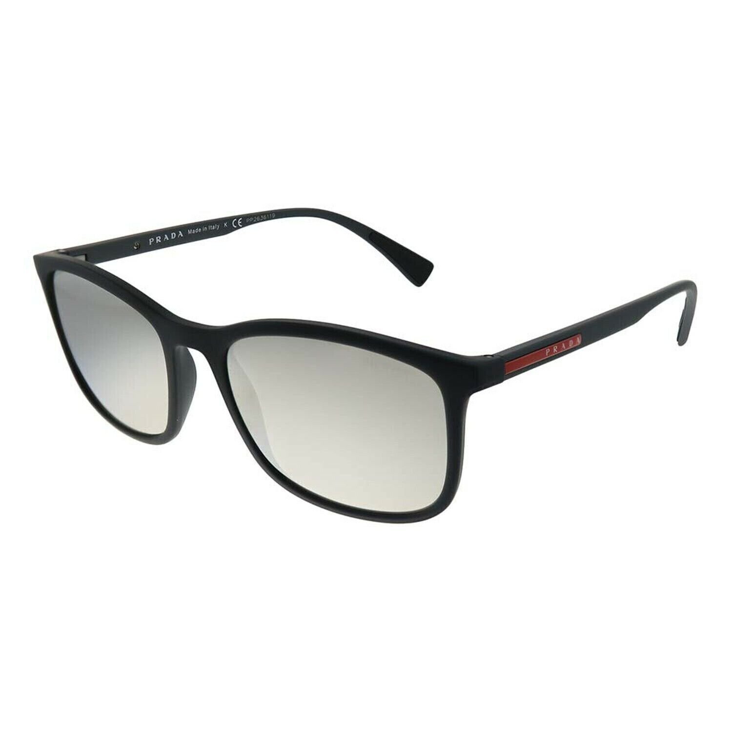 Prada PS 01TS DG02B0 Black Rubber Plastic Rectangle Sunglasses Silver Mirror