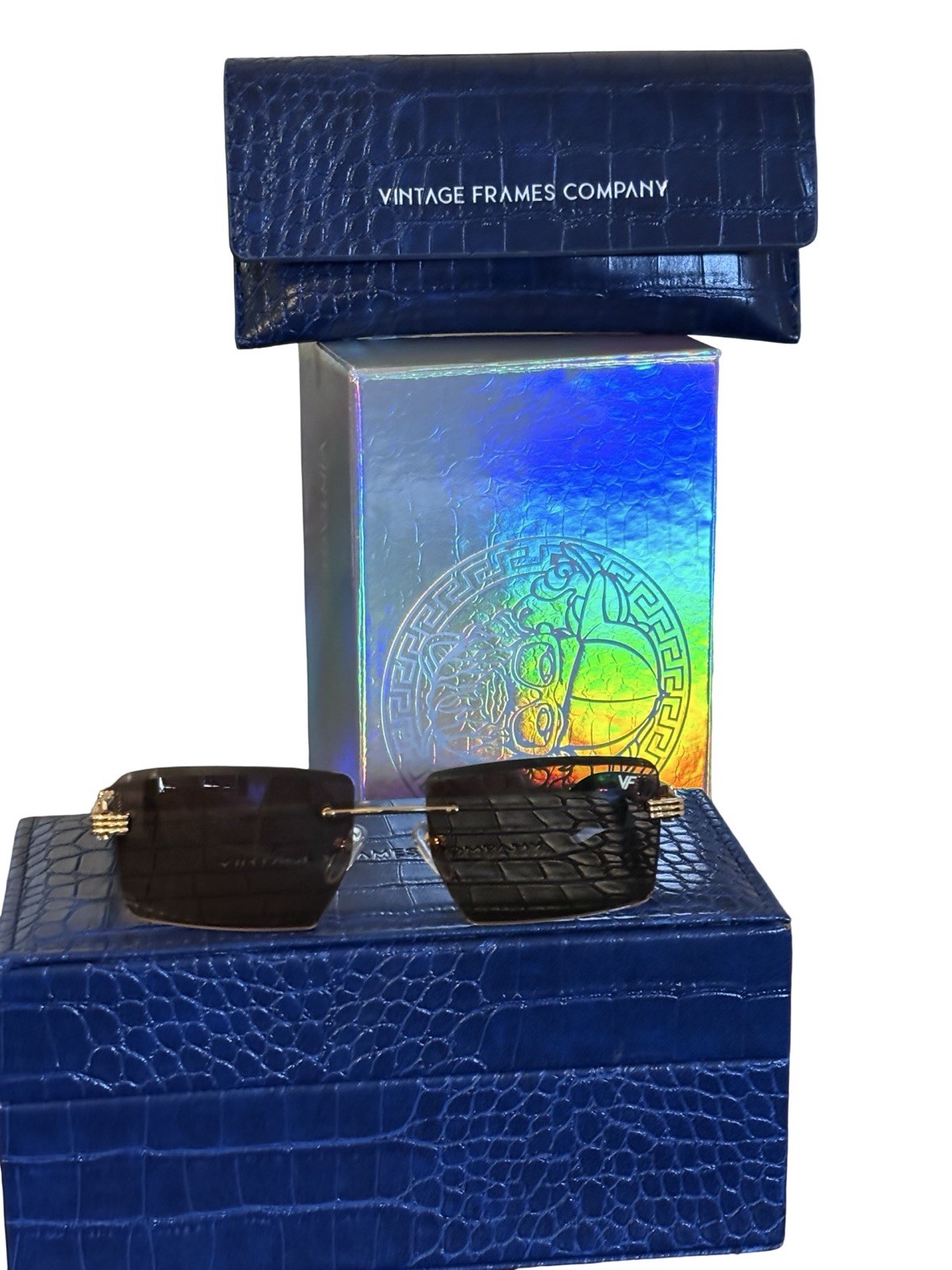 RIMLESS BLACK BUFFALO HORN SUNGLASSES with 24KT GOLD accents by Vintage Frames