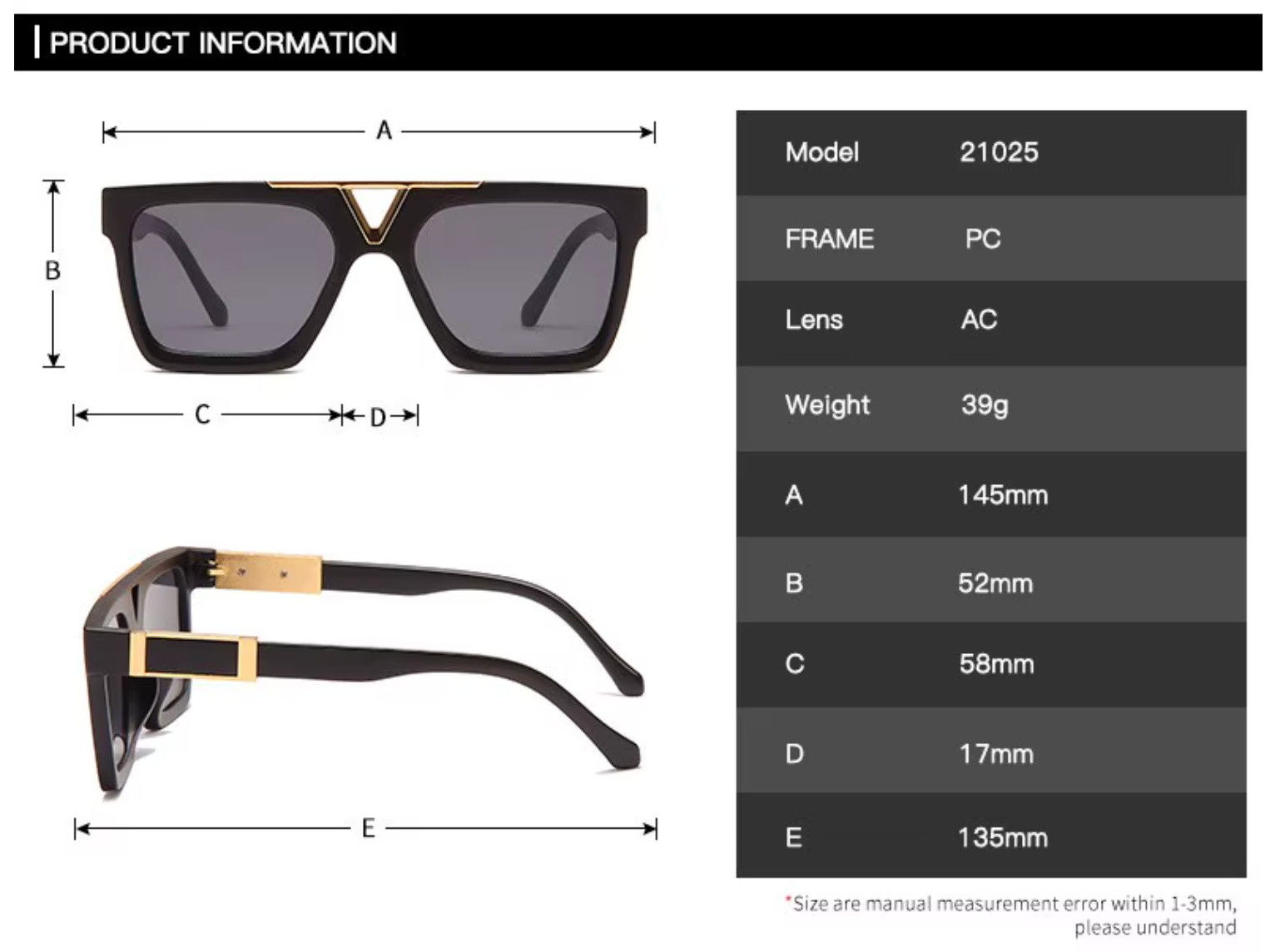 Sunglasses Men Designer Fashion Gold Metal Bar Dark Black Lens Retro Classic NEW