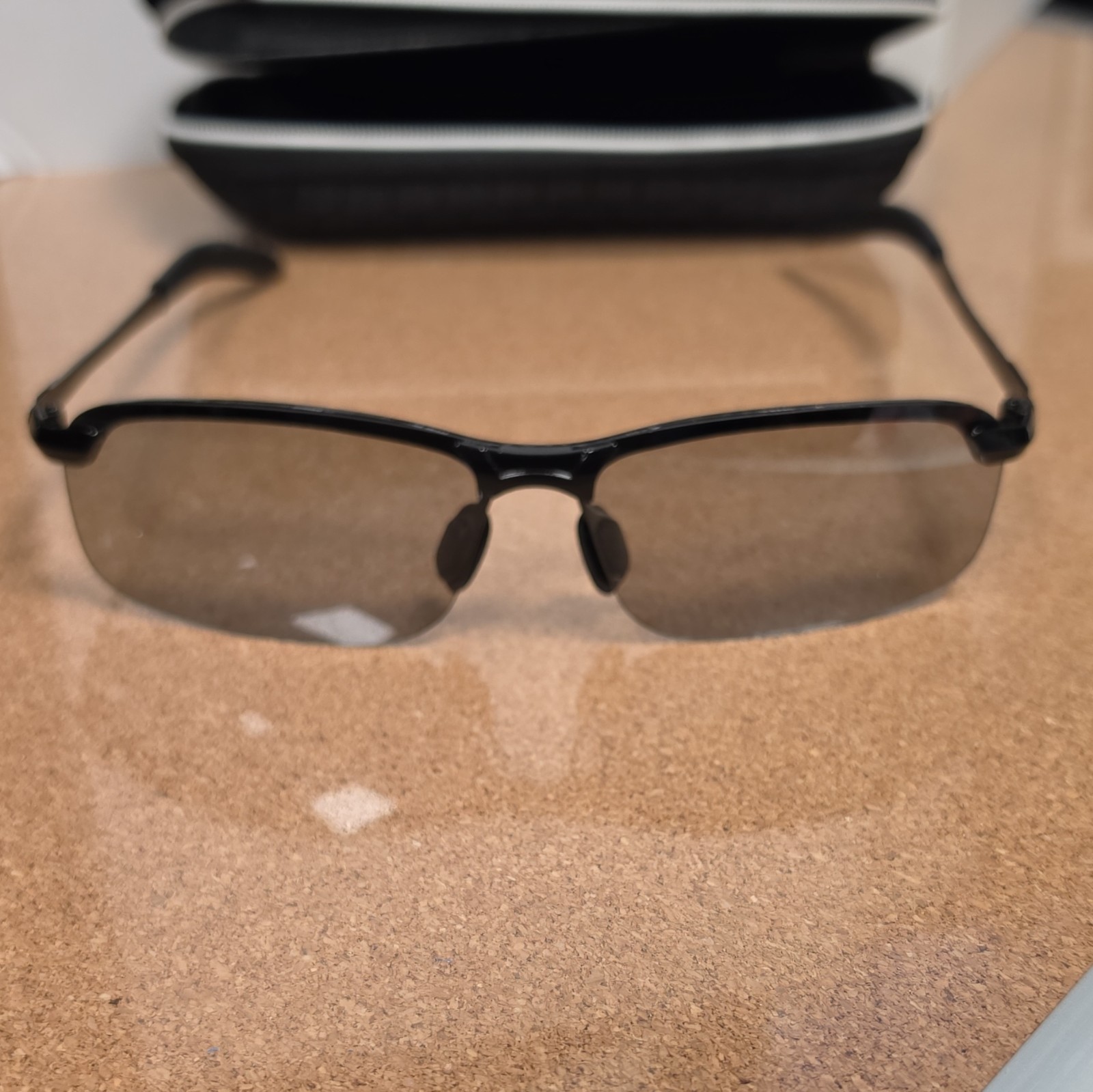 Semi-Rimless Rectangle Sunglasses Black Metal Frame Gray Tinted Lenses w/ Case