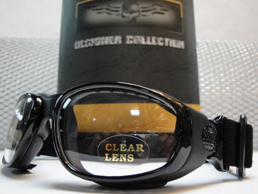 PADDED MOTORCYCLE RIDING GLASSES BIKER GOGGLES With Strap Black Frame Clear Lens