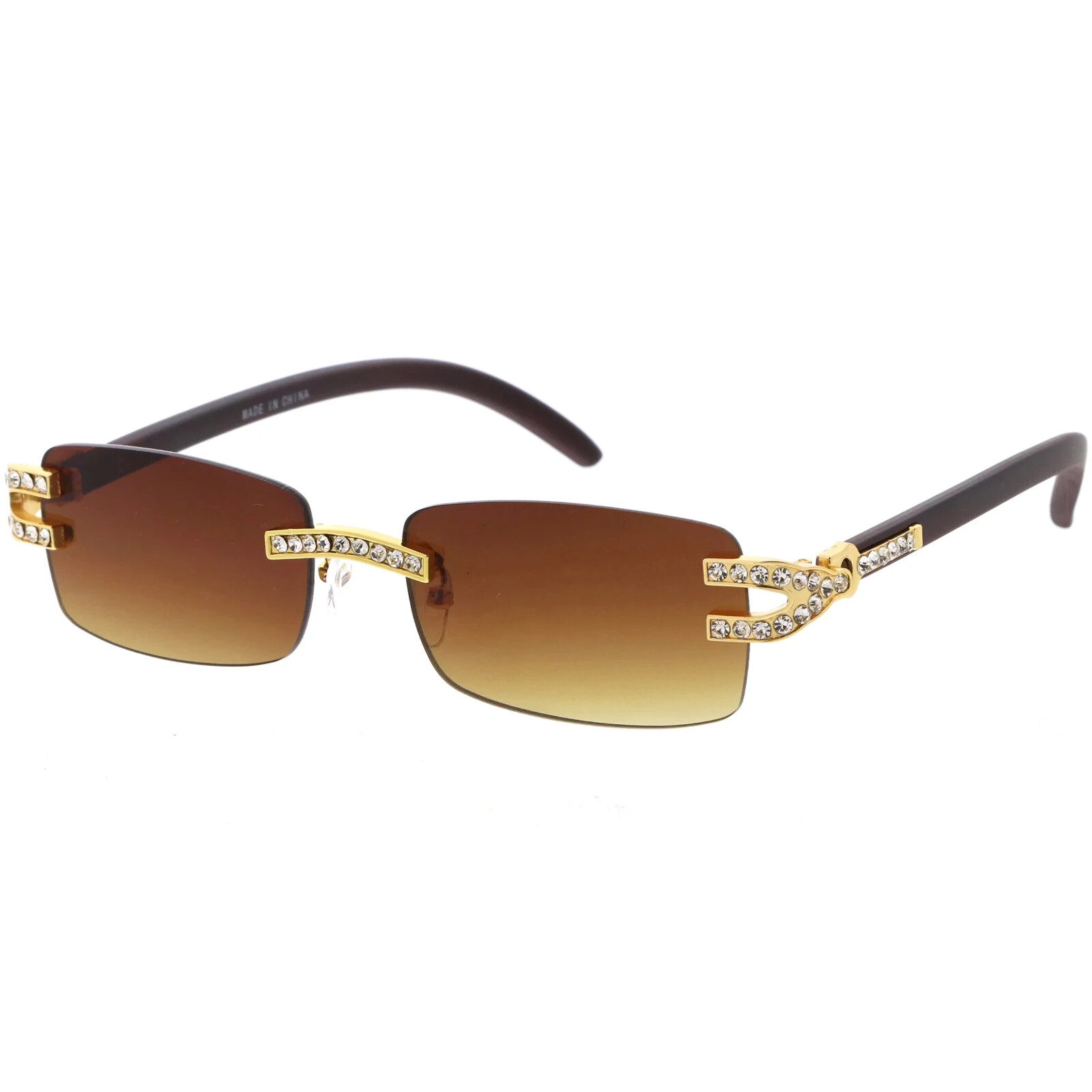 Men’s Clear Lens Rimless Woodgrain Gold Frame Hip Hop Luxury Vintage Glasses