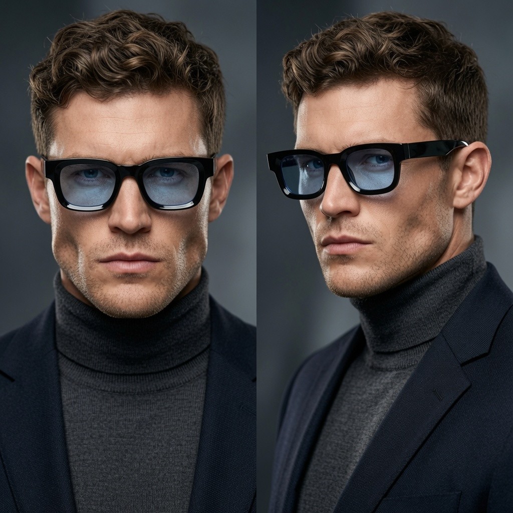 Men’s Sunglasses Square UV 400 Protection Black Frame Blue Lens Rapper Luxury