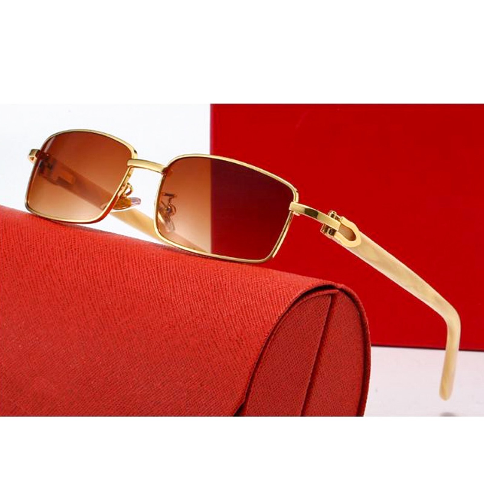 Men’s Gold Frame Orange Tint Full Rim Hip Hop Fashion Rectangular Sunglasses
