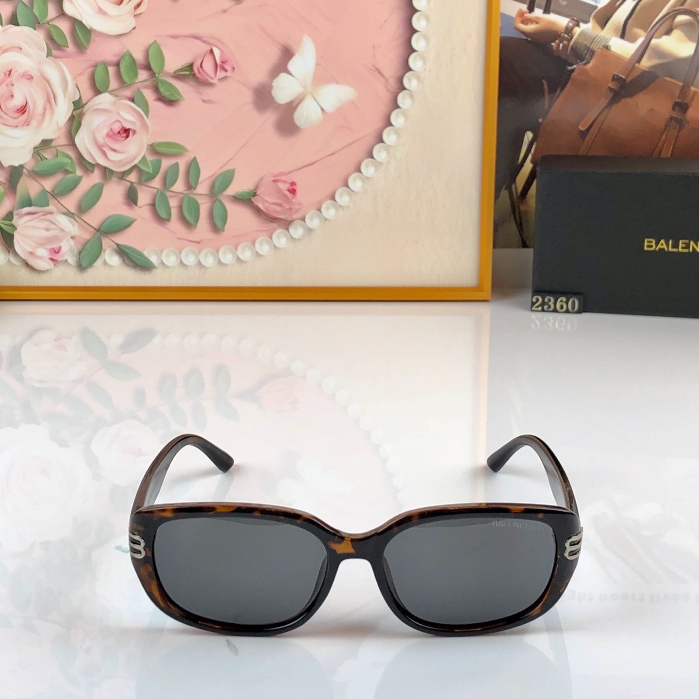 BALENCIAGA BA2360 54-19-143 Tortoise Square Sunglasses Silver Double B Logo