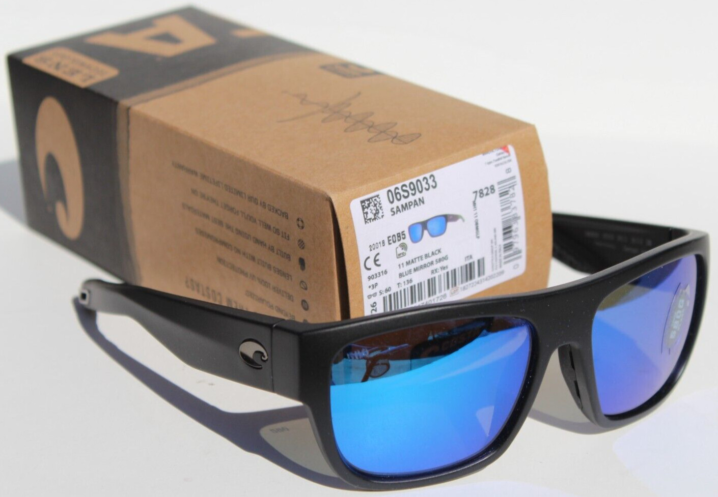 COSTA DEL MAR Sampan 580G POLARIZED Sunglasses Matte Black/Blue Glass NEW