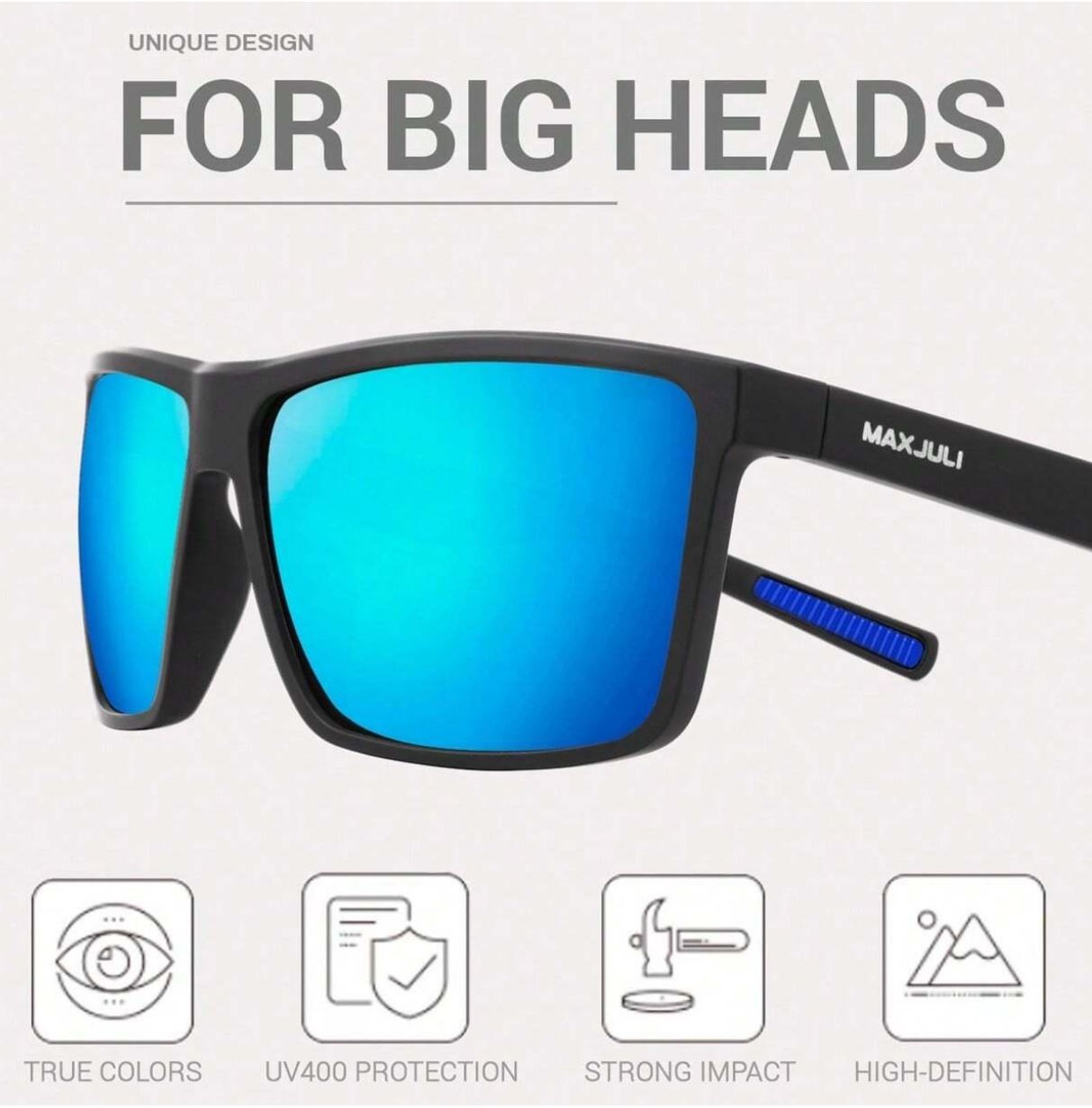 Men’s XXL Wide Fit Polarized Square Sunglasses TR90 Matte Black Blue Mirror Lens