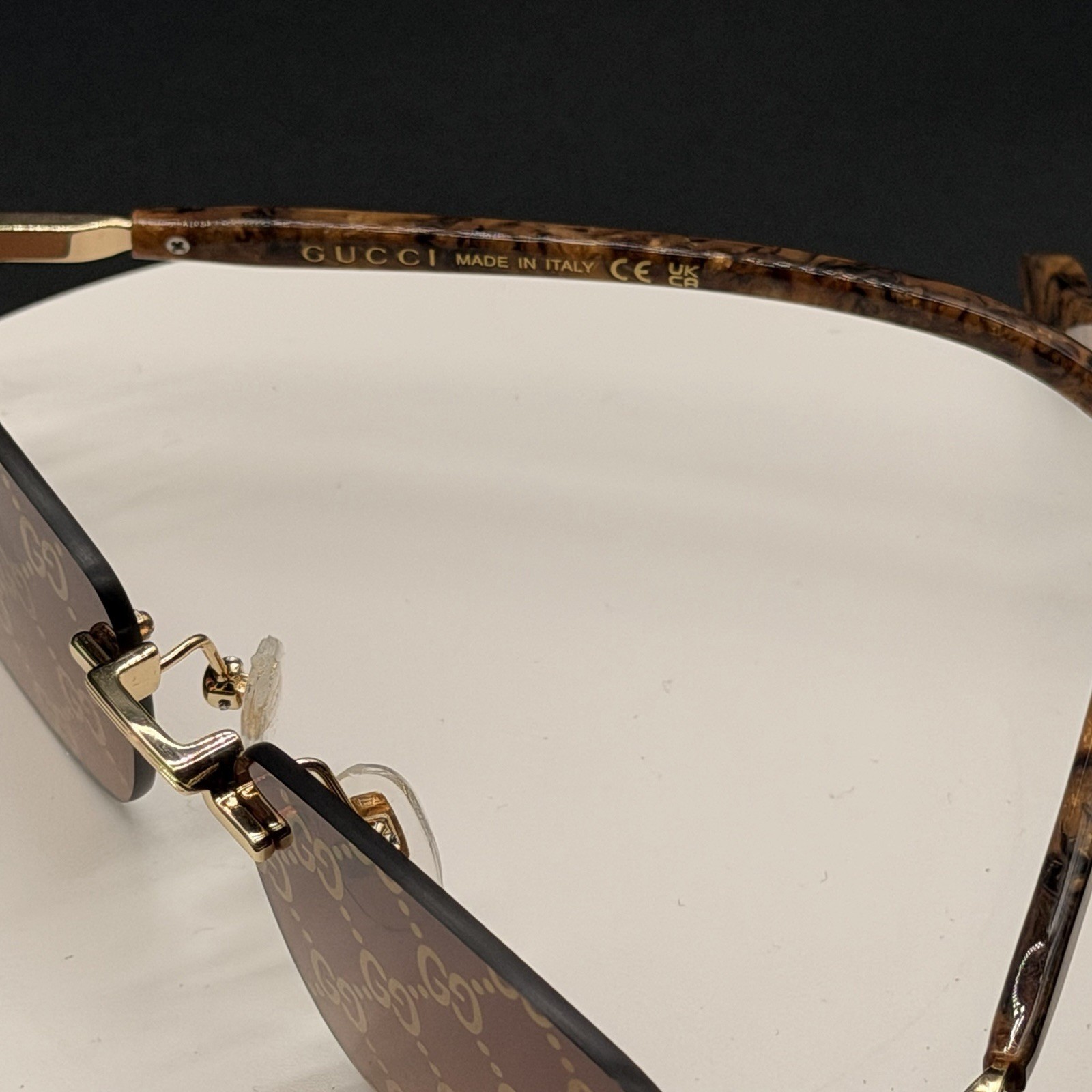 Gucci GG1221S 004 Rimless Sunglasses Brown Marble Gold Mirror Lens Ships Today