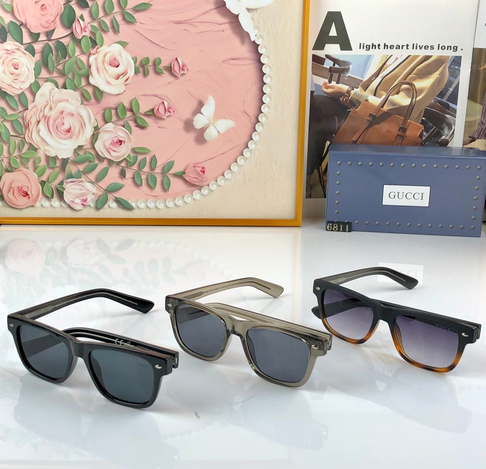 Gucci GG0746S Square Sunglasses Black Acetate Frame Solid Grey Lens 57-17-145