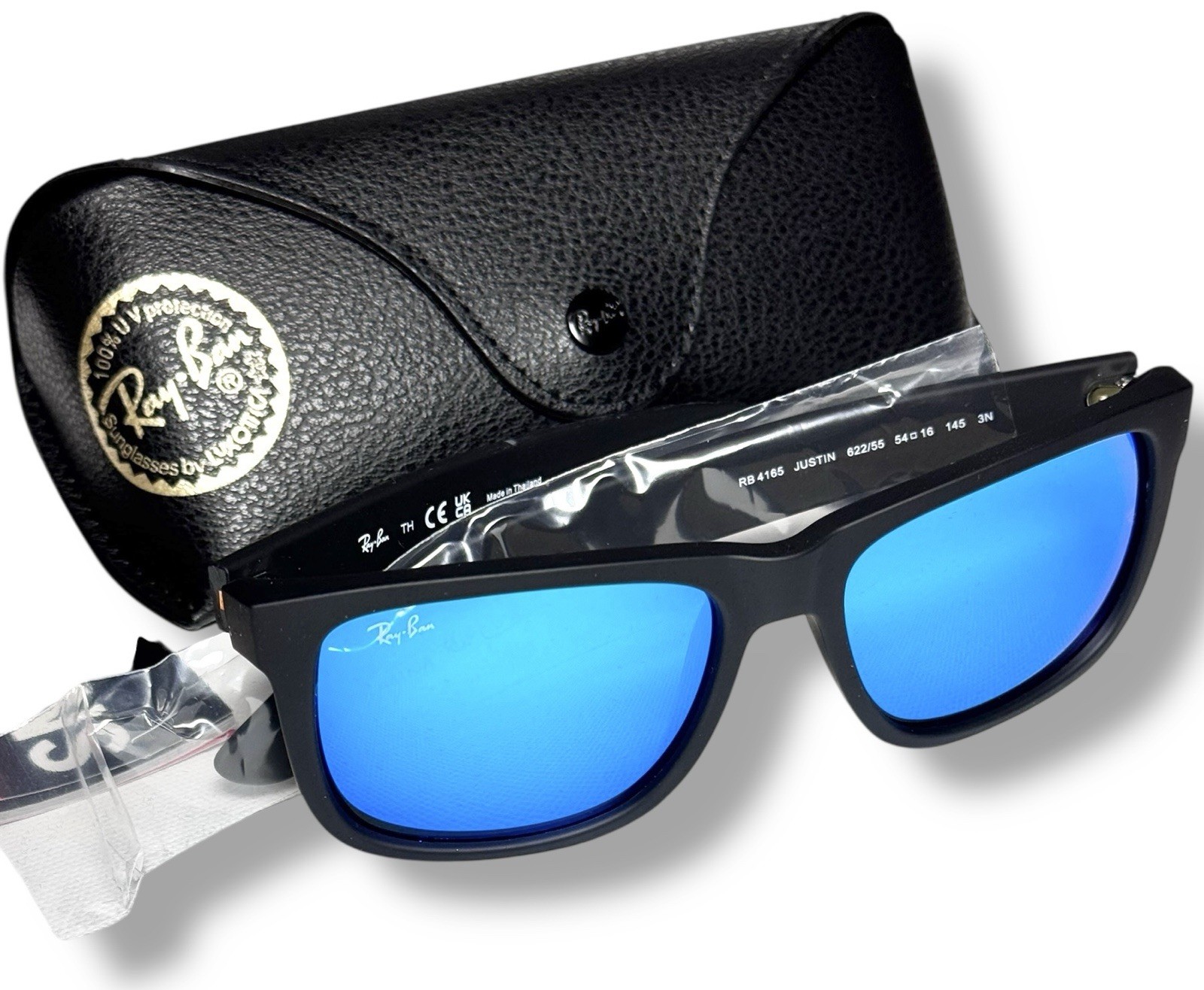 Ray Ban RB4165 622/55 Justin Color Mix Sunglasses Black Matte Blue Mirror 54mm