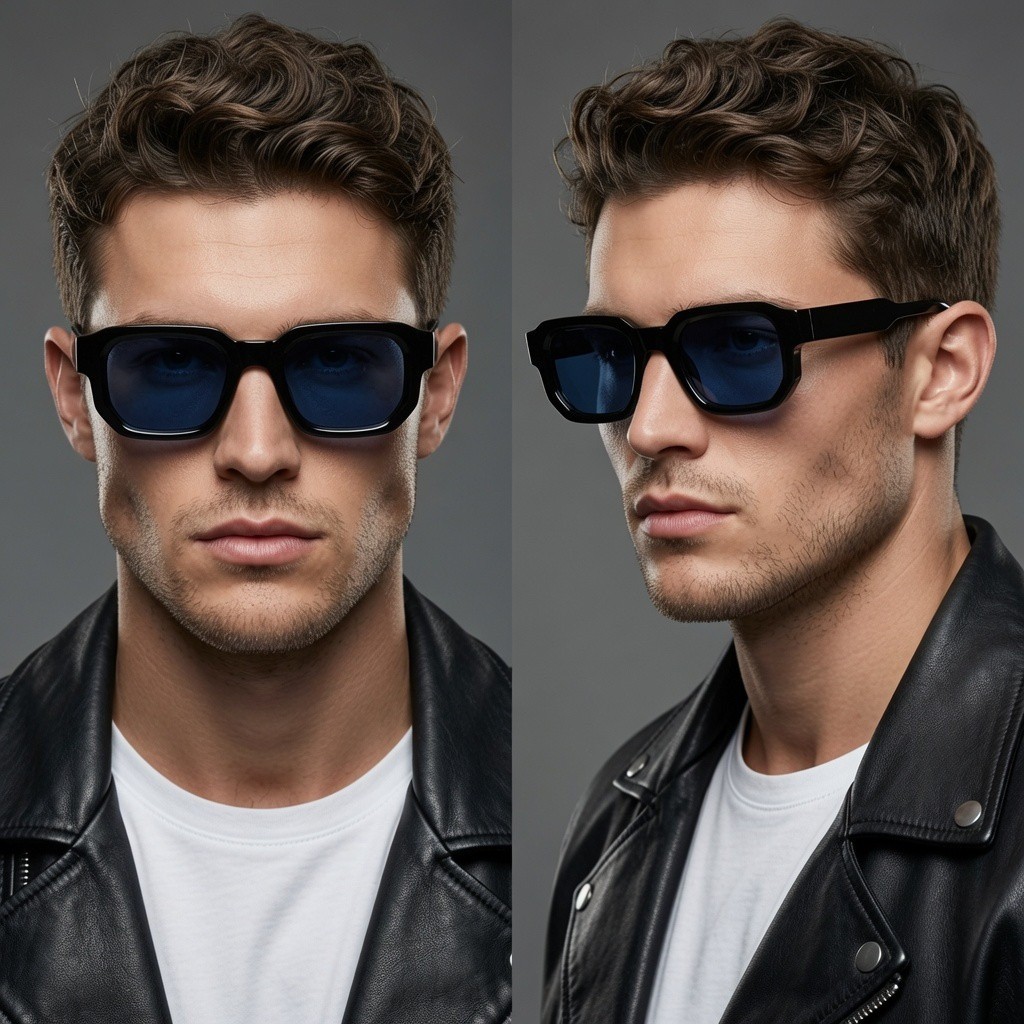 Mens Square Black Frame Sunglasses Blue Tint Lens Thick Geometric Modern Shades