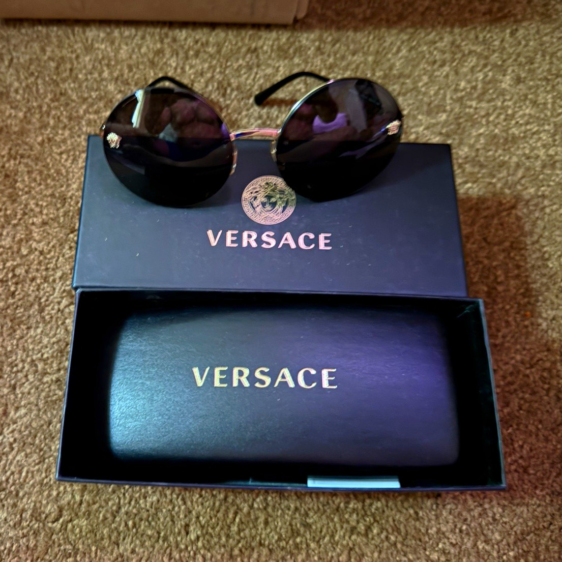 Versace Round Sunglasses Gold Metal Frame Black Tinted Lenses