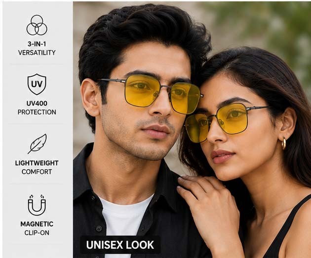 3-in-1 Magnetic Clip-On Square Sunglasses for Men & Women | UV400 Anti-Glare Eye