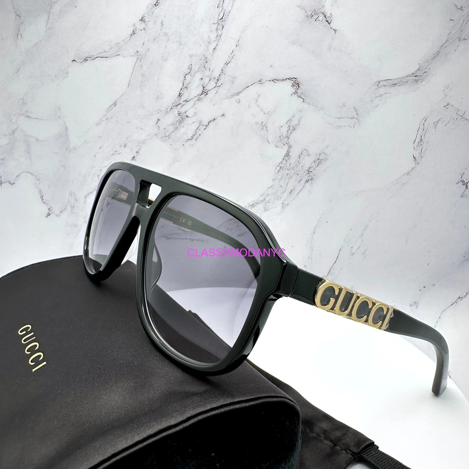 GUCCI Sunglasses Black Acetate Aviator Pilot Gold Metal Letter Logo 58mm