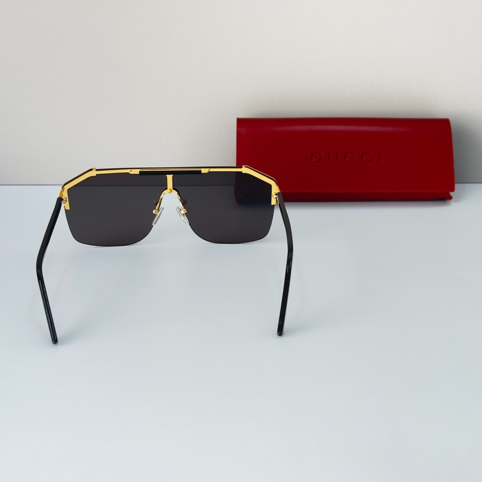 Gucci GG0291S Black Gold Frame Shield Black Lens Sunglasses Italy Luxury