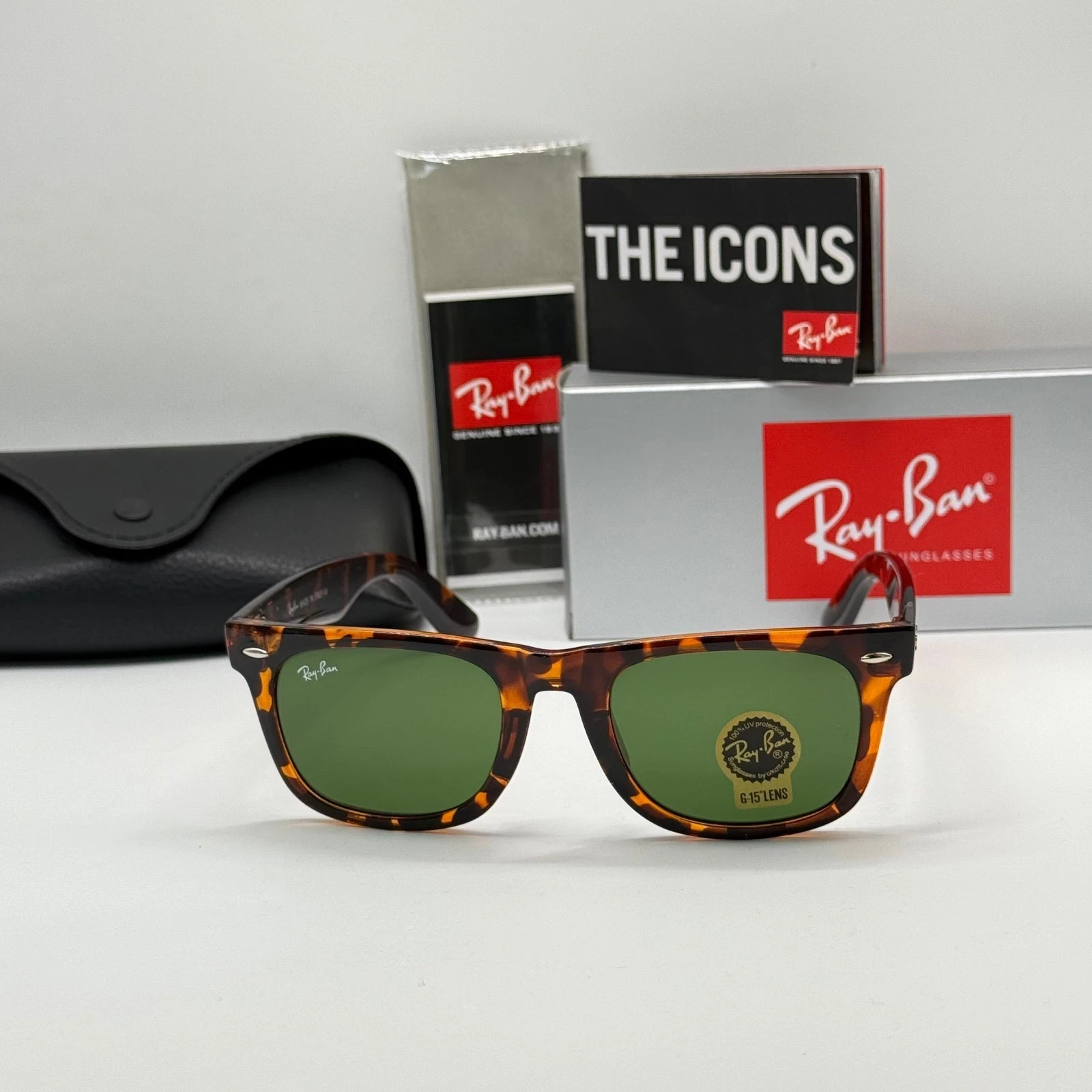 Ray-Ban RB2140 Wayfarer Classic Sunglasses Tortoise Frame Glass Green Lens 54 mm