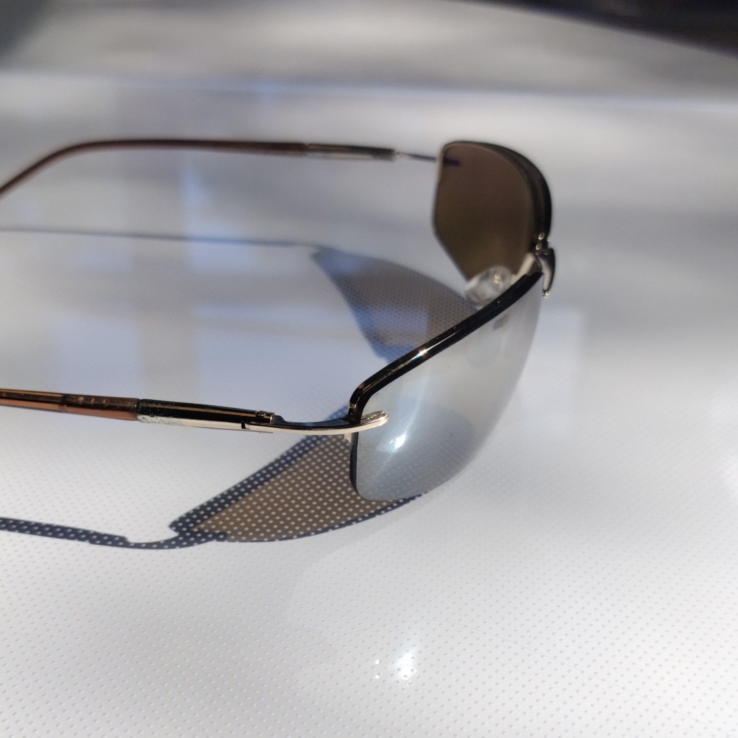 Men’s Rimless Rectangle Sunglasses Mirrored Brown Plastic Lens Silver Metal
