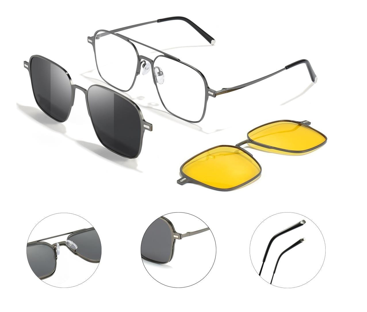3-in-1 Magnetic Clip-On Square Sunglasses for Men & Women | UV400 Anti-Glare Eye