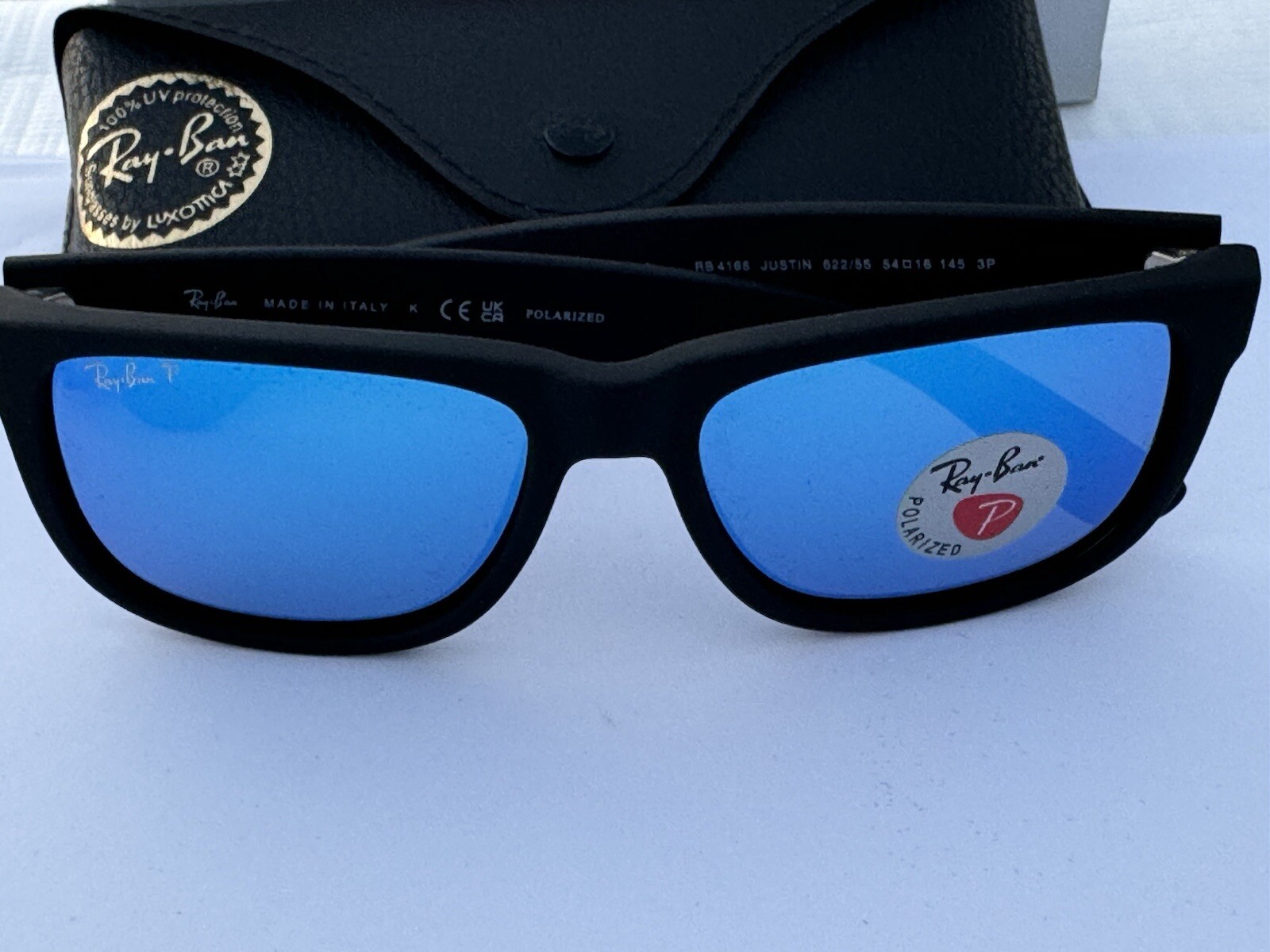 NEW Ray-Ban RB4165 622/55 JUSTIN Matte Black/Polarized Blue Mirror Sunglasses 54