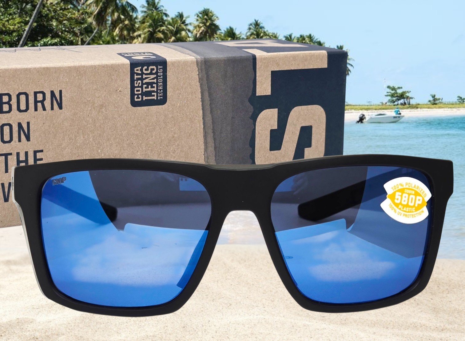 COSTA DEL MAR matte black/blue mirror LIDO polarized 580P sunglasses NEW IN BOX!