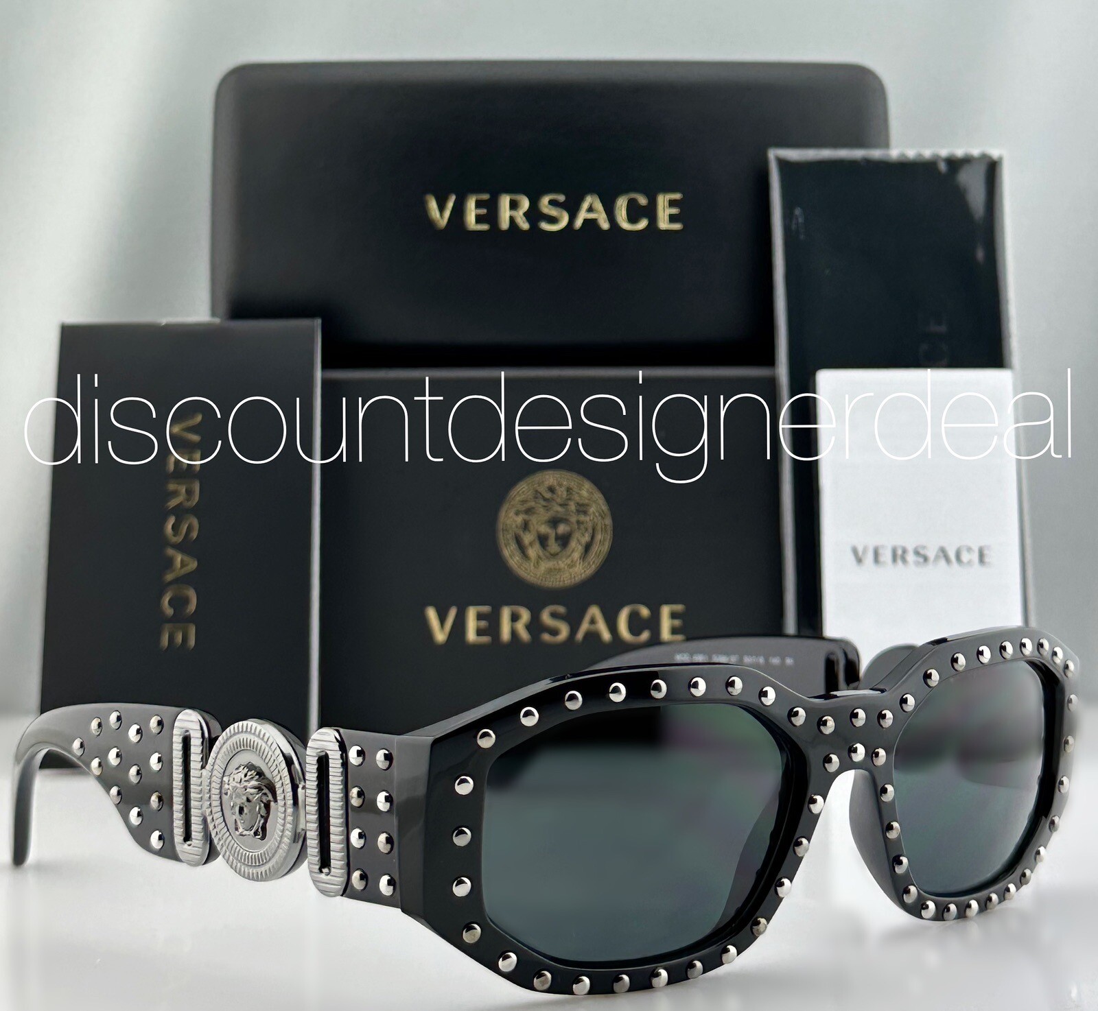 Versace VE4361 5398/87 Geometric Sunglasses Black Studded Frame Gray Lens NEW
