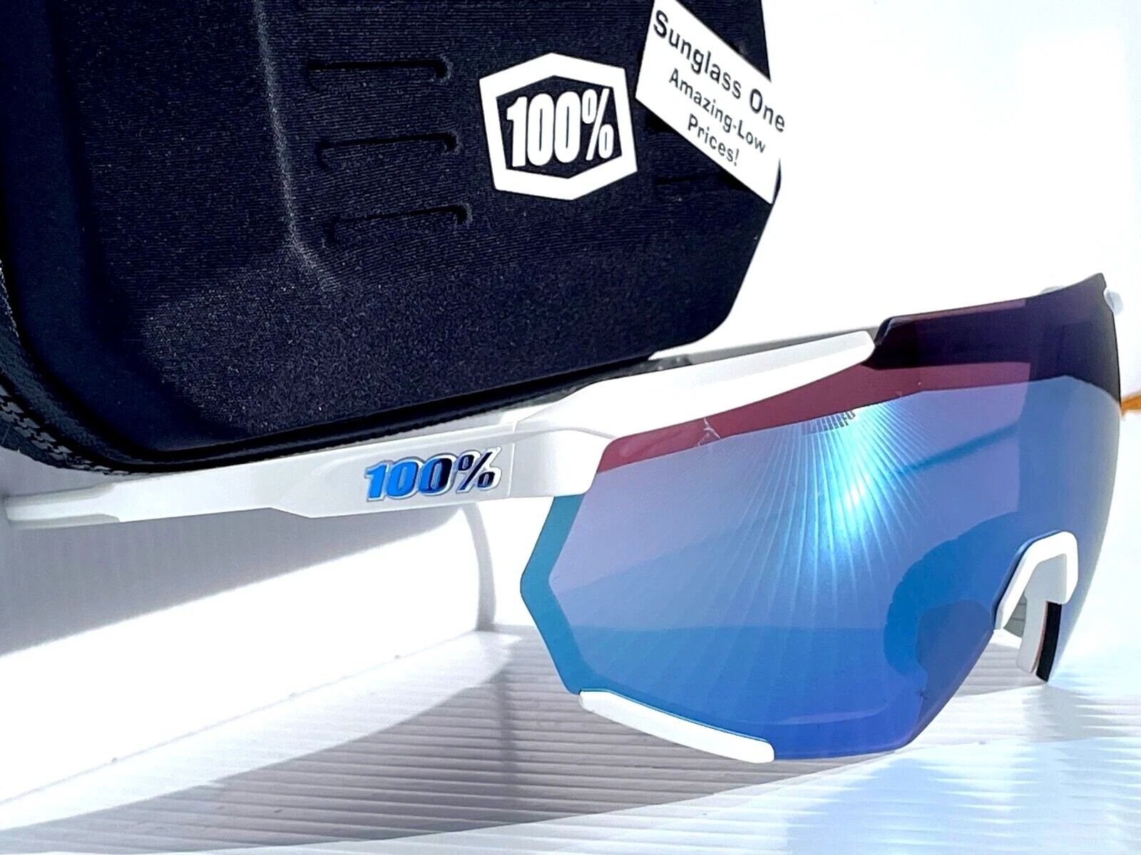 100% Percent RACETRAP 3.0 Matte White HiPER Blue Mirror Sunglass 60004-00001