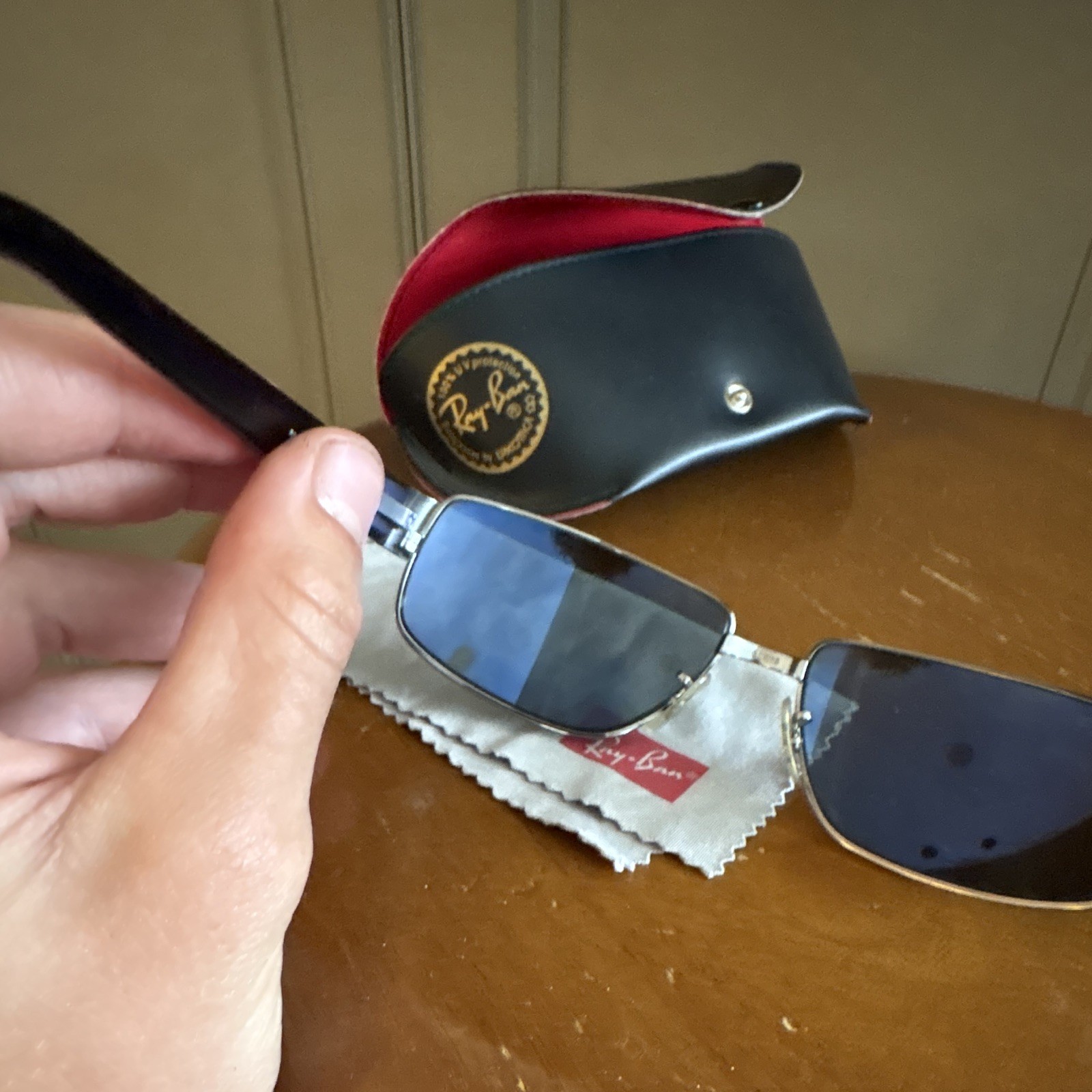 Ray-Ban Polarized Rectangular Silver Metal Frame Black Lens w/ Case