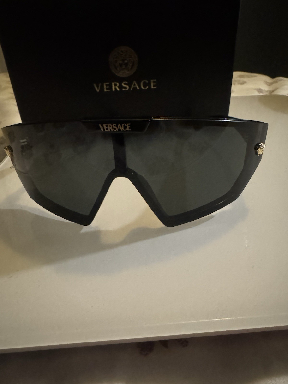 Versace Men’s Lightweight Wrap Sunglasses Black Frame Gray Tinted Lenses