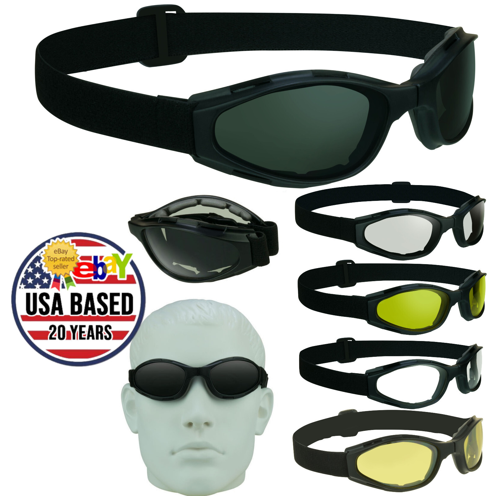 Fold Up Motorcycle Riding Biker Goggle Strap Sky Diving Dark Clear Yellow Lens