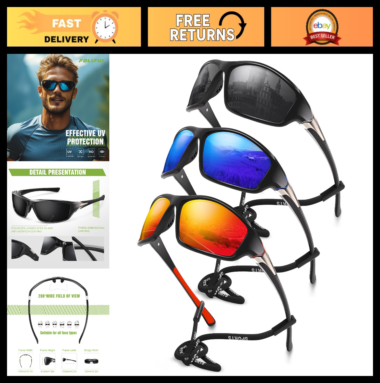 3 Pack Polarized Sports Sunglasses for Men – UV Protection Wrap Around for Cycli