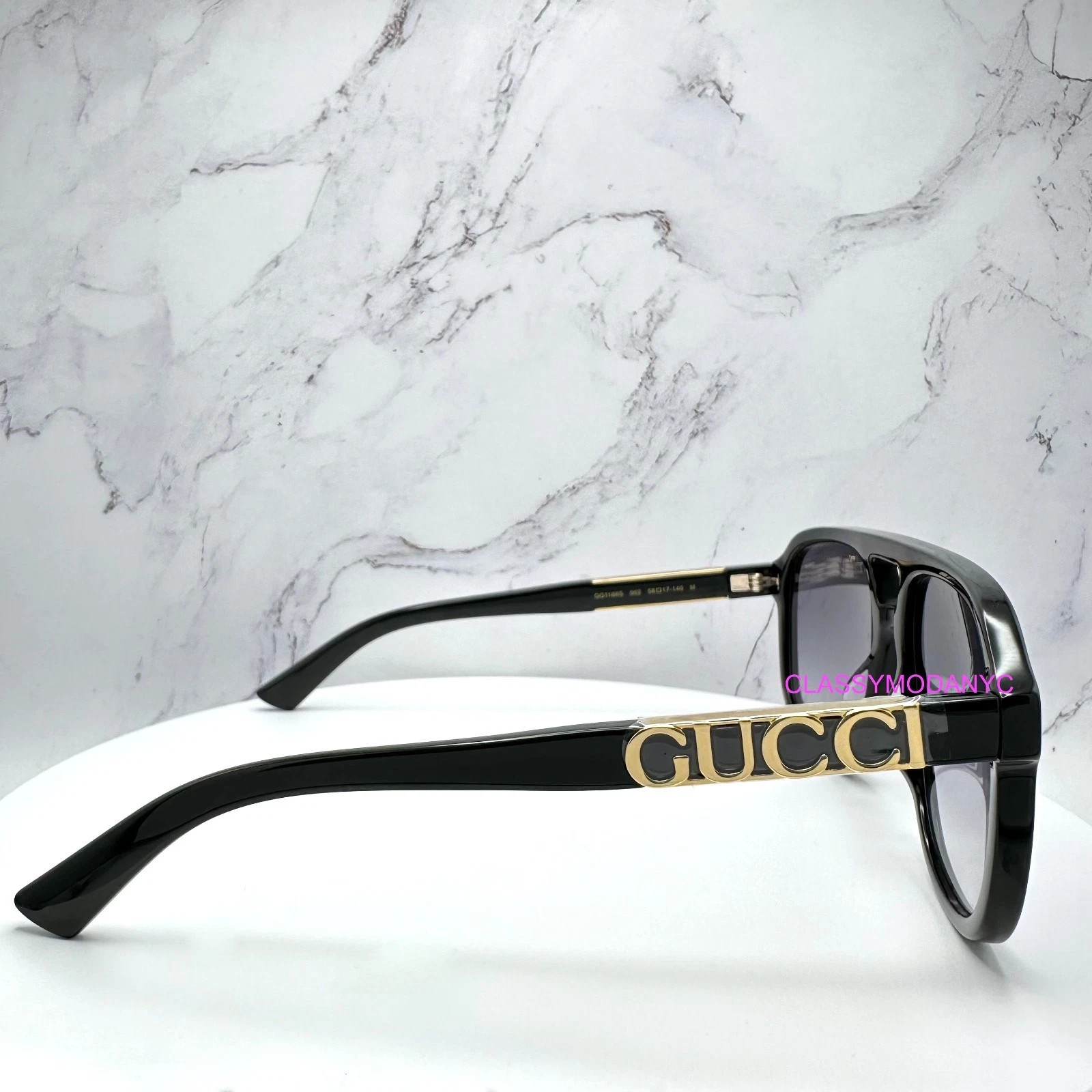 GUCCI Sunglasses Black Acetate Aviator Pilot Gold Metal Letter Logo 58mm
